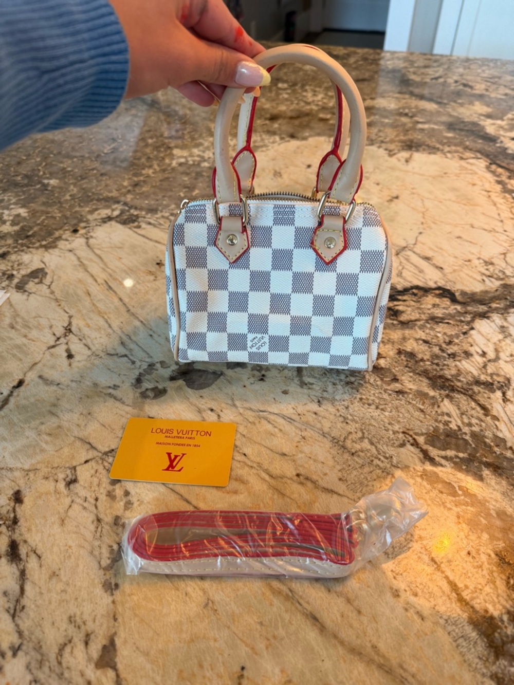 Louis Vuitton Mini Speedy Damier Azur Handbag with Red Trim